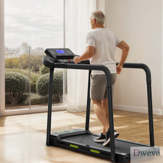 Walking Pad Treadmill for Senior, Foldable Exercise Treadmill with Stable and Safe Structural Design, Large LED Display for Elderly, Long Handrail for Balance, 300 Lbs Capacity Dweva