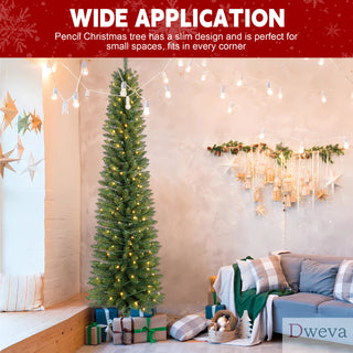7FT Green Pencil Christmas Tree with 200 Warm White LED Lights – Slim PVC Tree with 469 Tips, Compact Design, Stable Metal Stand, Easy to Assemble Dweva