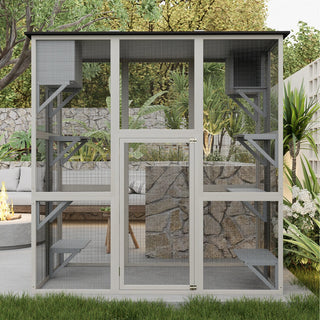 70.9" Gray Wooden Outdoor Catio Cat Enclosure with Weatherproof Asphalt Roof, Large Walk-in Cat House with 6 Platforms & 2 Napping Boxes, Solid Wood Cat Cage Playpen for Patio or Backyard Dweva