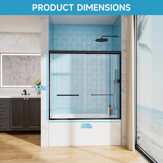 60" W x 57" H Aluminum Frame Double Sliding Shower Door, Soft-Close Matte Black Bathtub Door, 1/4" (6mm) Clear Nano-Coated Tempered Glass, Dual Stainless Steel Handles Dweva