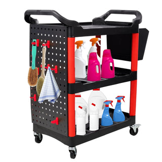 3 Tier Rolling Auto Detail Cart With Wheels,With Bucket & Panel & Hook,for Detailers Garage, Workshop, Repair Shop, Storage Tool,Red&Black Dweva