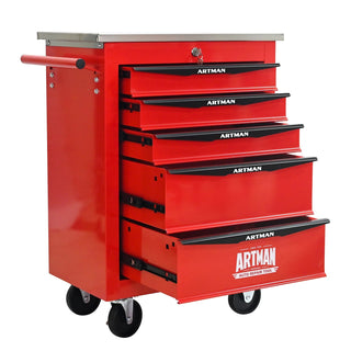 5 Drawers Multifunctional Tool Cart with Wheels,Metal Rolling Tool Cart Storage for Garage Workshop Warehouse Repair Shop--With Stainless Steel Roof--Red&Black Dweva