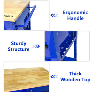 3 DRAWERS MULTIFUNCTIONAL TOOL CART WITH WHEELS AND WOODEN TOP-Blue Dweva