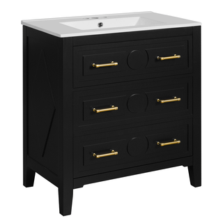 30'' Bathroom Vanity with Ceramic Sink Combo, Free Standing Single Vanity Set with 3 Drawers, Solid Wood Frame Bathroom Storage Cabinet, Black Dweva