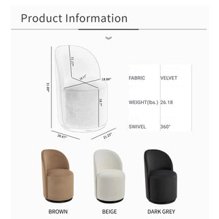 Set Of 1 Upholstered Kitchen & Dining Room Barrel Chair, Mid Century Modern Round Velvet Dining Chair, 360 Degree Swivel Comfy Armless Accent Makeup Vanity Side Chair for Bedroom Living Room Dweva