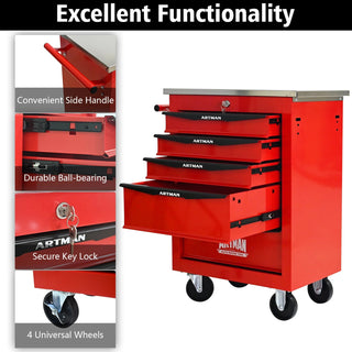 5 Drawers Multifunctional Tool Cart with Wheels,Metal Rolling Tool Cart Storage for Garage Workshop Warehouse Repair Shop--With Stainless Steel Roof--Red&Black Dweva