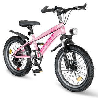 FKZNPJ 20 Inch Kids Mountain Bike for Boys & Girls Ages 7-12 – 7-Speed Gears, Dual Disc Brakes, Shock Absorber Front Fork, LED Light – Silver & Pink Dweva