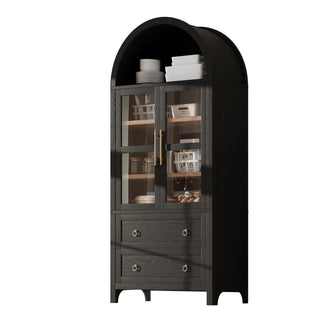 K&K 71" Tall Arched Kitchen Pantry Cabinet with 2 Large Drawers, Modern Farmhouse Kitchen Storage Cabinets with Adjustable Shelves, Glass Door, Wood Versatile Cupboard for Kitchens, Dining Room, Black Dweva