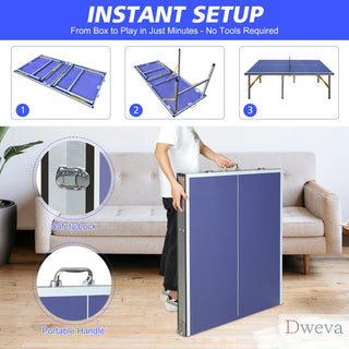 5ft Mid-Size Table Tennis Table Foldable & Portable Ping Pong Table Set for Indoor Games with Net, 2 Table Tennis Paddles and 3 Balls Dweva