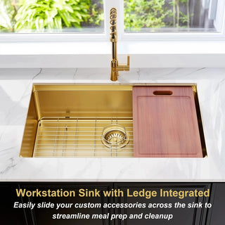 32 Gold Undermount Workstation Kitchen Sink-32 x 19 Inch 16 Gauge Stainless Steel Undermount Kitchen Sink Handmade R10 Radius 10 Inch Deep Undermount Single Bowl Sink with Custom Accessories Dweva