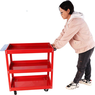Tool Cart on Wheels, 3 Tier Rolling Mechanic Tool Cart, Heavy Duty Steel Utility Cart w/Lockable Wheels, 450 LBS Capacity Industrial Service Cart for Garage, Warehouse, Workshop (Bright Red) Dweva