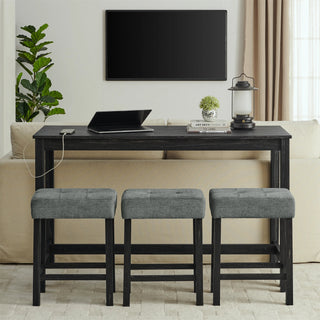 59 Inch Bar Table, Dining Table, Sofa Table with Power Outlet, 3 Upholstered Stools, 4 Piece Bar Table and Chair Set for Living Room, Dining Room, Kitchen Dweva