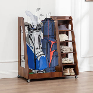 Golf Bag Organizer for Garage, Premium Wooden Golf Clubs Storage Rack Fit 2 Golf Bags, Golf Trunk Organizer for Car Garage Club Shed Basement,Brown Dweva