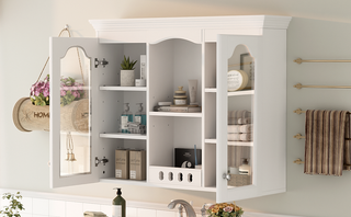 Wall Mounted Medicine Cabinet, Bathroom Wall Cabinet with 2 Glass Doors, Over The Toilet Space Saver Storage Cabinet with Ample Storage, White Dweva