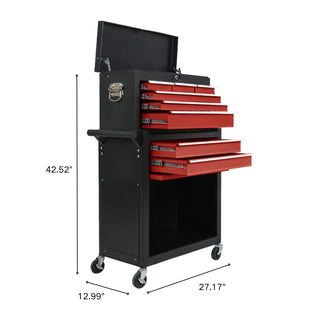 eight-drawer large capacity rolling toolbox, detachable cabinet storage toolbox with wheels and drawers, detachable toolbox with lock for workshop mechanical garage BLACK+RED Dweva