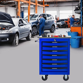 7 Drawers Multifunctional Tool Cart with Wheels,Metal Rolling Tool Cart Storage for Garage Workshop Warehouse Repair Shop--With Stainless Steel Roof- BLACK&BLUE Dweva