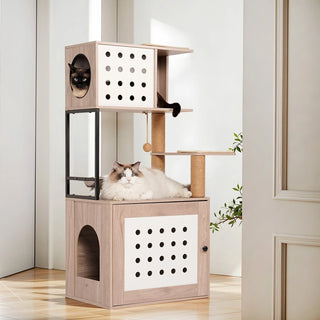 Cat Tree with Litter Box Enclosure, All-in-one Cat Tower for Indoor Cats with Large Hammock, Bed, Food Station, Scratching Posts, Modern Style Pet Furniture, Gray+white Dweva