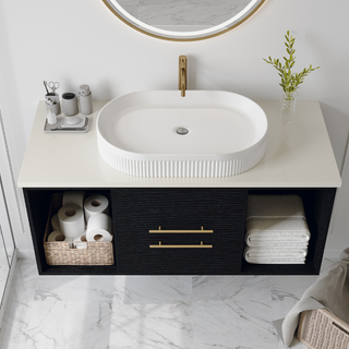 Modern 40-In Wall-Mounted Bathroom Vanity with Oval Ceramic Sink Floating Vanity Multi-Layer Solid Wood Cabinet Soft-Close Drawers Open Shelf Storage Dweva