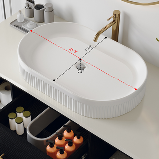 Modern 40-In Wall-Mounted Bathroom Vanity with Oval Ceramic Sink Floating Vanity Multi-Layer Solid Wood Cabinet Soft-Close Drawers Open Shelf Storage Dweva