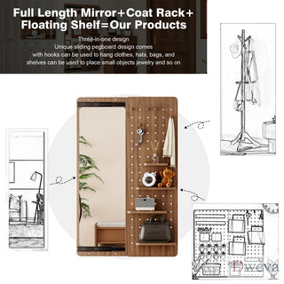 Wall Mounted Full Length Mirror, Full Body Mirror with Shelf, Full Body Mirror with Hook Wall Mounted Mirror with Multifunctional Design Panel, Bedroom/Living Room/Entrance Walnut (47.6*15.7in) Dweva