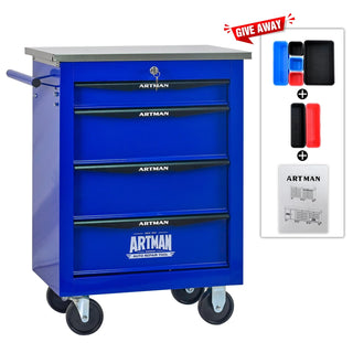 4 Drawers Multifunctional Tool Cart with Wheels,Metal Rolling Tool Cart Storage for Garage Workshop Warehouse Repair Shop--With Stainless Steel Roof- BLACK&BLUE Dweva