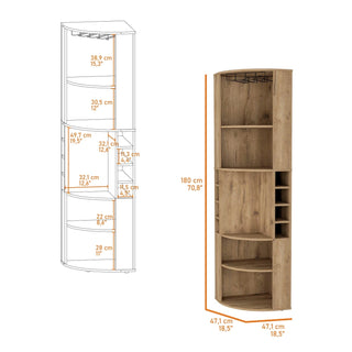 FM FURNITURE Clifton Corner Bar Cabinet, with 5 shelves,Cup Hanger and Eight Built-in Wine Rack,Macadamia