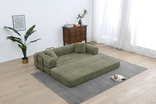 Convertible Sleeper Sofa Bed with Cylindrical Pillow - Corduroy Folding Mattress Couch with Fixed-Shape Frame for Living Room, Bedroom, Lounge, Studio - Light Green Dweva