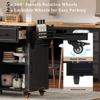 K&K 56.5'' Kitchen Island with Drop Leaf, Power Outlet, Embossed Vertical Stripe Rolling Kitchen Cart on Wheels with 4 Doors , 5 Deep Drawers and Adjustable Shelves, for Kitchen, Dining Room, Black Dweva