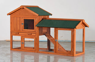 Large Wooden Rabbit Hutch, 2-Story Outdoor Bunny Cage with Waterproof Asphalt Roof, Pull-Out Tray & Ramp, Fir Wood Pet House for Rabbits, Chickens, Guinea Pigs (Brown & Green) Dweva