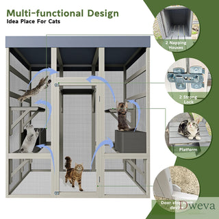 62.6" Outdoor Wooden Catio for Cats, Large Cat Enclosure with Waterproof Roof, 2 Cat Houses & Platforms, Secure Rust-Proof Wire Pet Cage for Patio or Backyard Dweva
