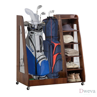 Golf Bag Organizer for Garage, Premium Wooden Golf Clubs Storage Rack Fit 2 Golf Bags, Golf Trunk Organizer for Car Garage Club Shed Basement,Brown Dweva
