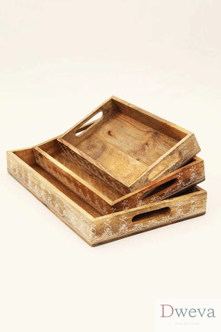 3 Piece Rectangle Wooden Trays (Nested) / Natural Finish - Mango Wood / Set Dweva