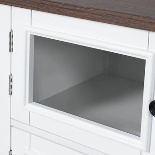 K&K 54.9" Kitchen Island with Drop Leaf, Power Outlet, Kitchen Storage Cart with 4 Door Shelves, Cross Barn Doors & Visual Glass Door, Rolling Kitchen Island on 4 Wheels for Kitchen, Dining Room,White Dweva