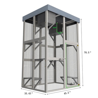 70.5＂ Tall Wooden Catio Outdoor Cat Enclosure, Gray Cat House Large Solid Wood Cage Playpen with 6 Jumping Platforms & 2 Napping Houses, Movable tarp cover Dweva