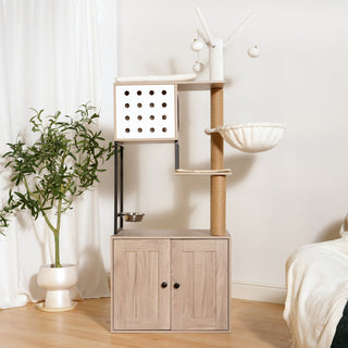 Cat Tree with Litter Box Enclosure - Modern Cat Condo with Scratching Posts, Feeding Bowl & Removable Pompom Sticks, Gray Dweva