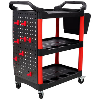 3 Tier Rolling Auto Detail Cart With Wheels,With Bucket & Panel & Hook,for Detailers Garage, Workshop, Repair Shop, Storage Tool,Red&Black Dweva