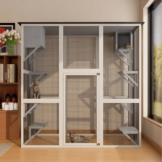 70.9" Gray Wooden Outdoor Catio Cat Enclosure with Weatherproof Asphalt Roof, Large Walk-in Cat House with 6 Platforms & 2 Napping Boxes, Solid Wood Cat Cage Playpen for Patio or Backyard Dweva