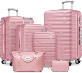 Luggage Sets 6 Piece with Duffel Bags, Hardside Expandable Suitcases with Spinner Wheels TSA Lock, Pink Dweva