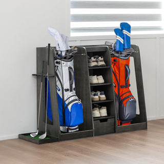 55.5''x16''x37''(LxWxH) Wooden Golf Bag Organizer and Storage Rack, High Quality Wooden 2 Golf Bag Rack with Drawers, Easy to Assemble Golf Club Holder/Stand with Club Holders on Side,Gray Dweva