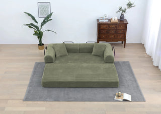 Convertible Sleeper Sofa Bed with Cylindrical Pillow - Corduroy Folding Mattress Couch with Fixed-Shape Frame for Living Room, Bedroom, Lounge, Studio - Light Green Dweva