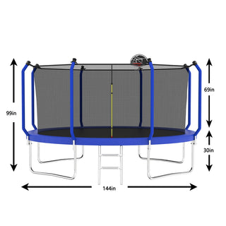 12FT Trampoline with Basketball Hoop, ASTM Approved Reinforced Type Outdoor Trampoline with Enclosure Net Dweva