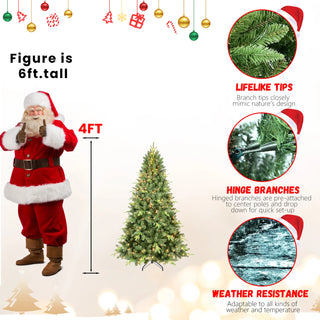 4FT Pre-Lit Christmas Tree with 200 UL Warm White Lights – Classic Green Tree with 636 PE+PVC Tips, Hinged Branches for Easy Setup, Sturdy Metal Stand, Realistic Full Look Dweva