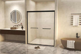 44-48" W × 72" H Tempered Glass with Explosion Proof Film, Aluminum Frame Double Sliding Shower Door, "1/4 (6 mm), Stainless Steel handle, Matte Black Dweva