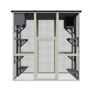 70.9" Gray Wooden Outdoor Catio Cat Enclosure with Weatherproof Asphalt Roof, Large Walk-in Cat House with 6 Platforms & 2 Napping Boxes, Solid Wood Cat Cage Playpen for Patio or Backyard Dweva