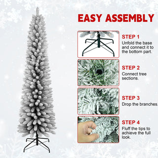 6FT Flocked Pencil Christmas Tree – Slim PVC Tree with 358 Snowy Tips, Space-Saving Design, Realistic Snow Effect, Sturdy Metal Stand, Easy Setup Dweva