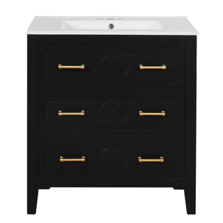 30'' Bathroom Vanity with Ceramic Sink Combo, Free Standing Single Vanity Set with 3 Drawers, Solid Wood Frame Bathroom Storage Cabinet, Black Dweva