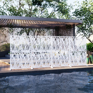 Metal Privacy Screens W3.8Ft X H6Ft Outdoor and Indoor Divider with Free Standing Decorative Privacy Screen for Balcony Patio Garden Room Divider, White Leaf Shape Dweva