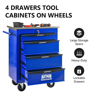 4 Drawers Multifunctional Tool Cart with Wheels,Metal Rolling Tool Cart Storage for Garage Workshop Warehouse Repair Shop--With Stainless Steel Roof- BLACK&BLUE Dweva