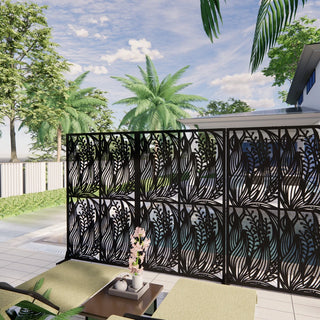 Metal Privacy Screens W3.8Ft X H6Ft Outdoor and Indoor Divider with Free Standing Decorative Privacy Screen for Balcony Patio Garden Room Divider, Black Leaf Shape Dweva