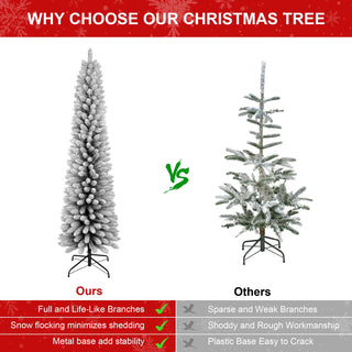 6FT Flocked Pencil Christmas Tree – Slim PVC Tree with 358 Snowy Tips, Space-Saving Design, Realistic Snow Effect, Sturdy Metal Stand, Easy Setup Dweva